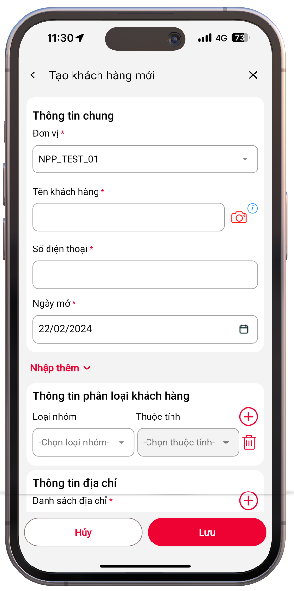 Màn hình thêm khách hàng mới Viettel DMS